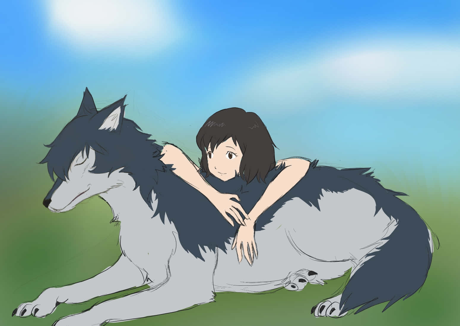 Wolf Children Embrace From A Distance, Connecting Through Love Wallpaper