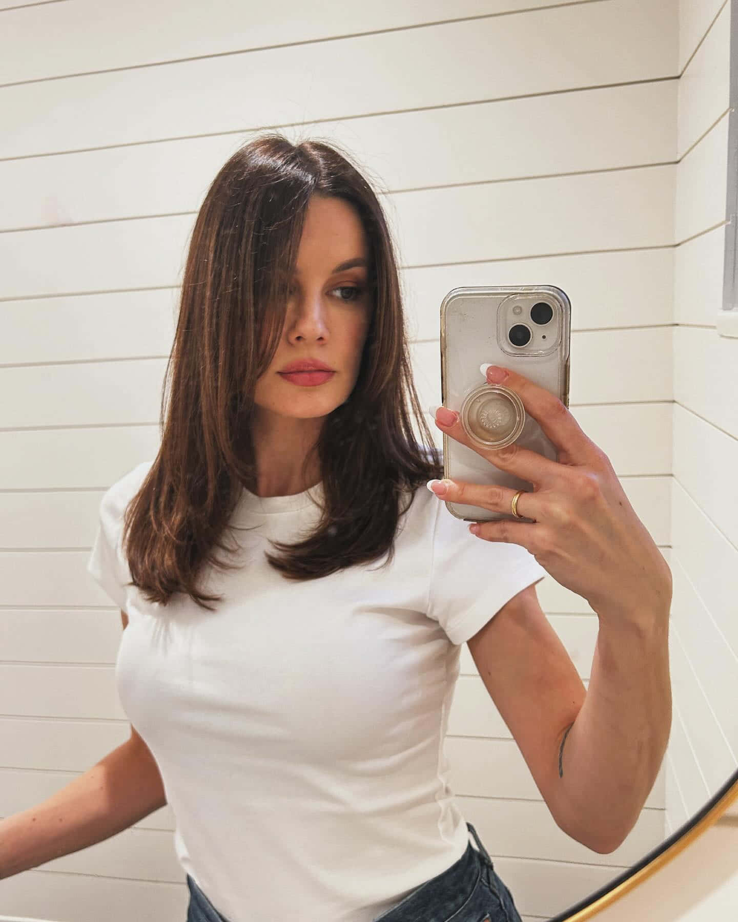 Woman Selfie Mirror White Shirt Wallpaper