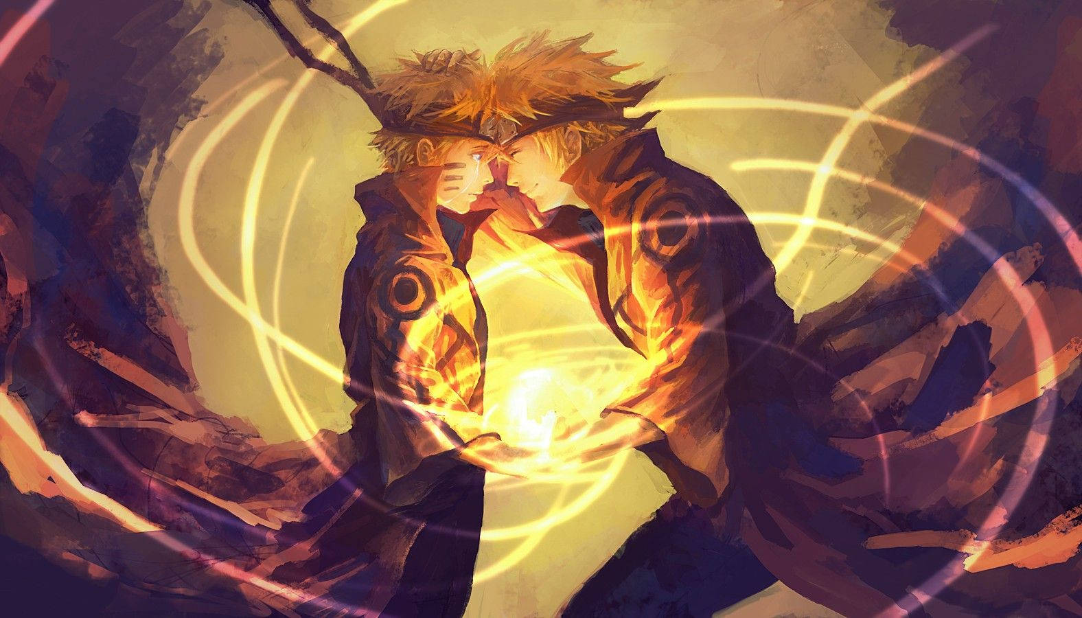 Yellow Backdrop Old And Young Naruto With Rasengan Wallpaper