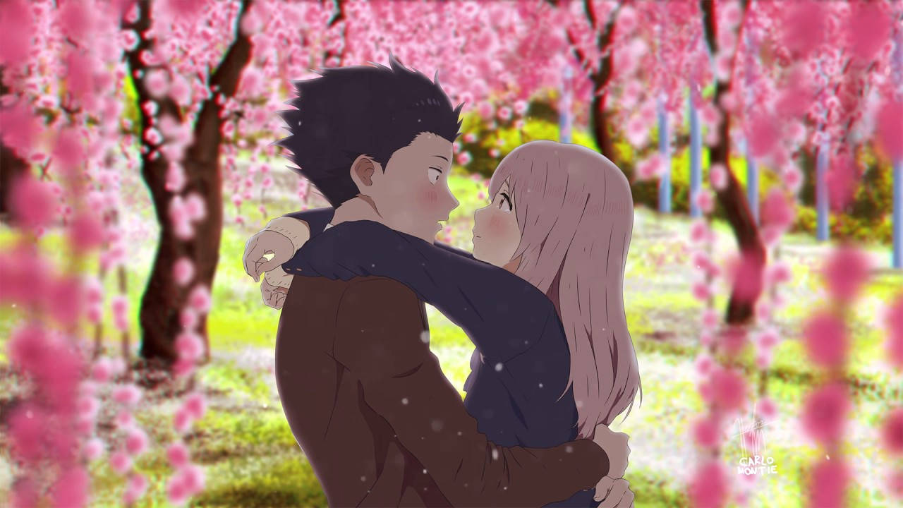 Young Lovers Admiring The Beauty Of The Pink Sakura Blossoms. Wallpaper