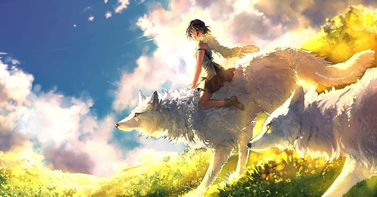 'young San And Ashitaka Riding Yakul In Princess Mononoke' Wallpaper