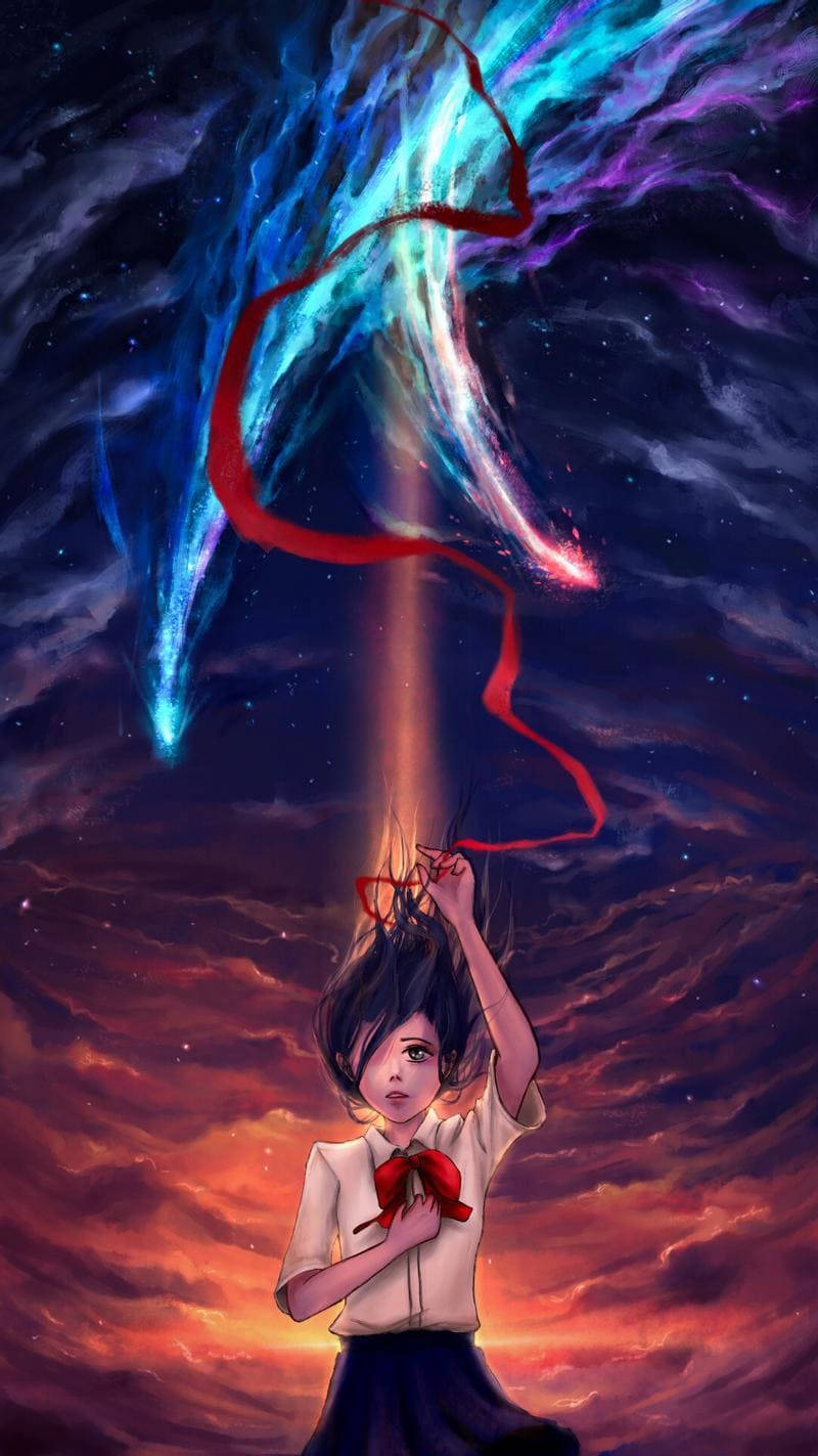 Your Name Iphone Mitsuha Holding Ribbon Wallpaper