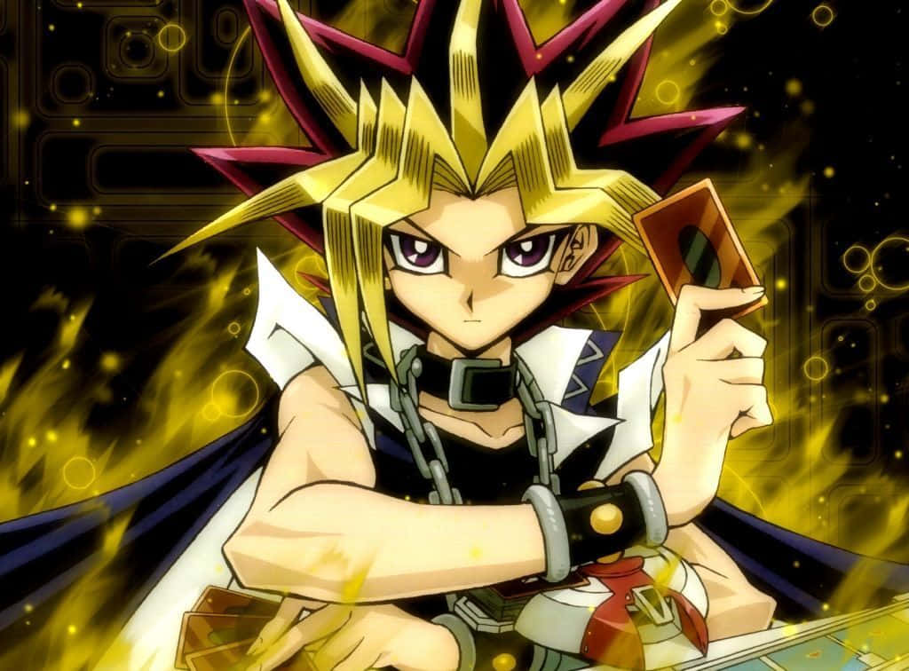 Yugi Muto Holding His Iconic Duel Monsters Card Wallpaper