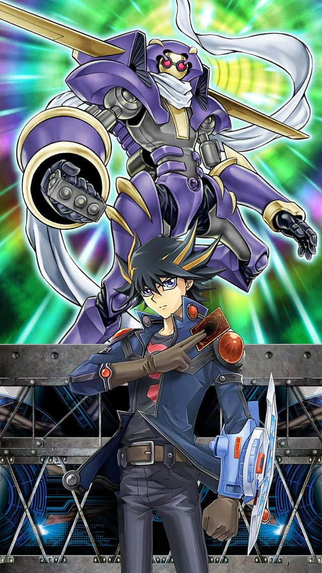 Yusei Fudo Posing Confidently On His Duel Runner In Neo Domino City Wallpaper