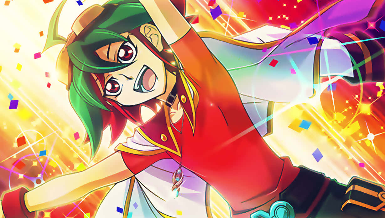 Yuya Sakaki Confidently Posing With His Duel Disk In Action Wallpaper