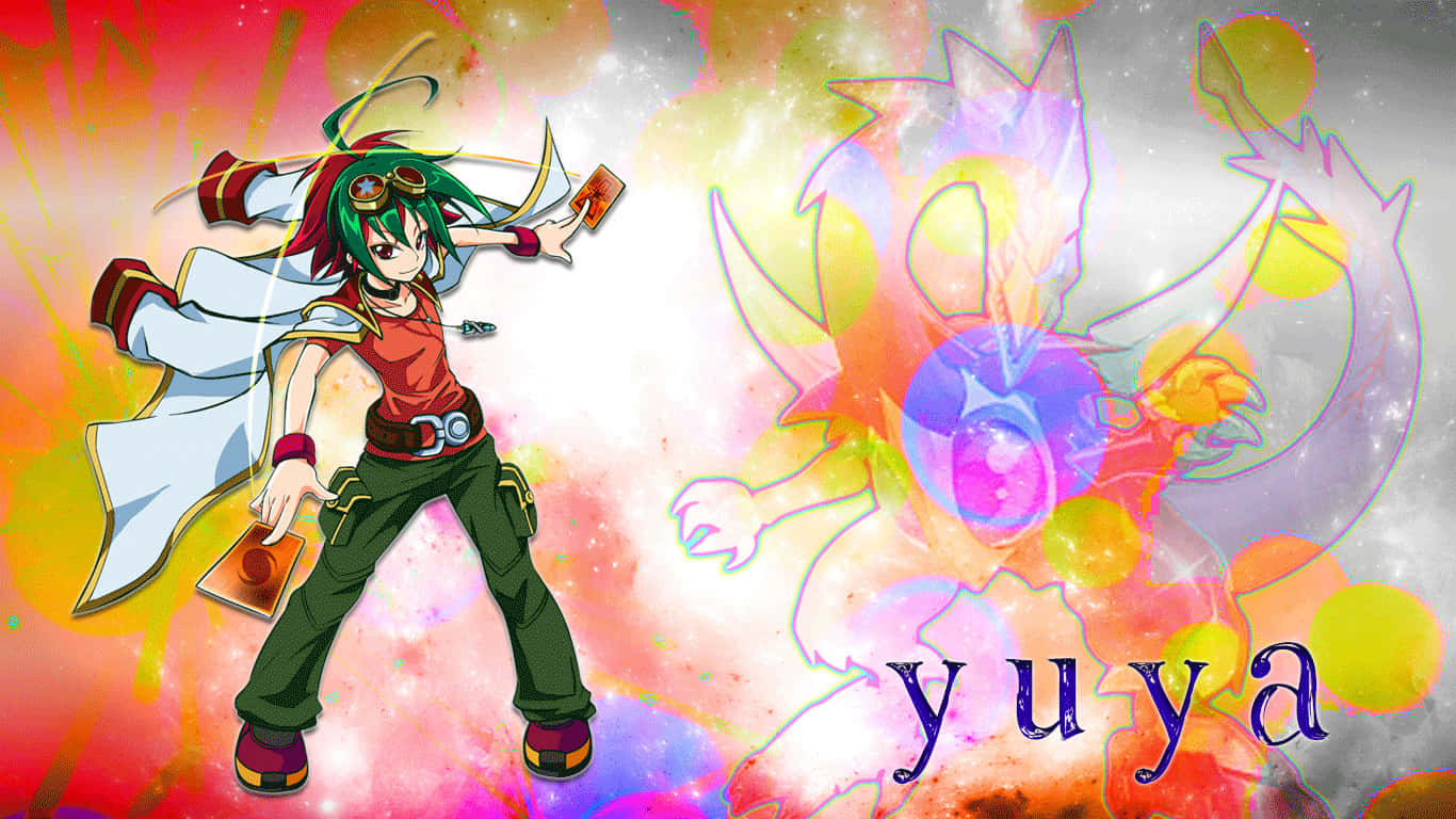 Yuya Sakaki Displaying His Confident Smile While Holding A Duel Disk In A Striking Pose Wallpaper