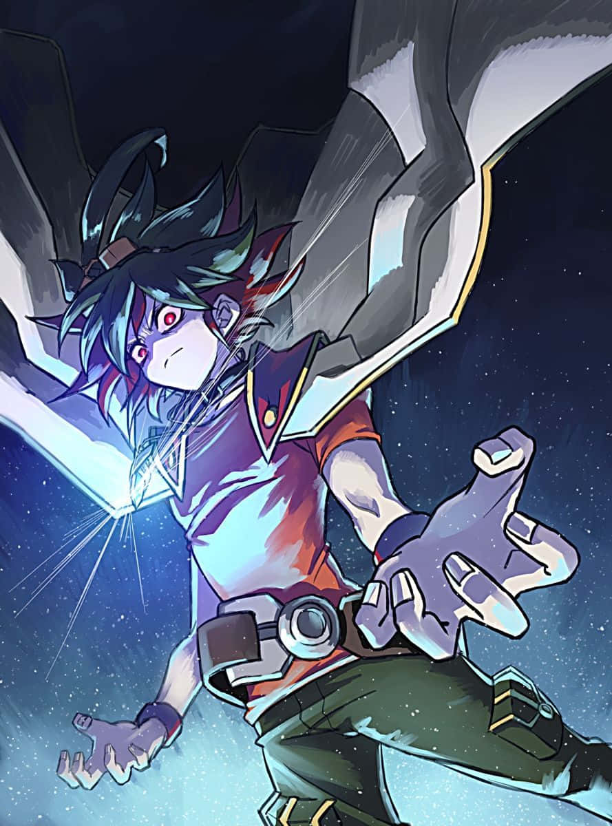 Yuya Sakaki Striking A Dynamic Pose In His Duel Monsters Outfit Wallpaper