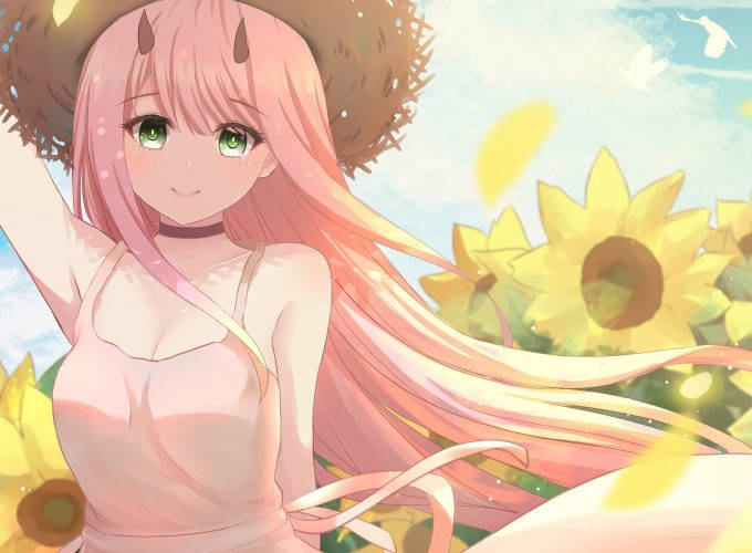 Zero Two Chases Sunflowers In The Day Wallpaper