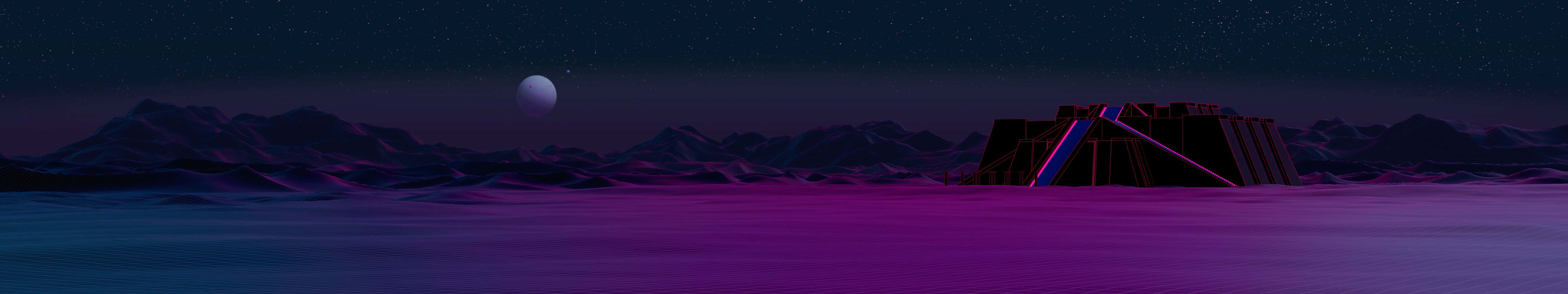 Ziggurat At Night 80s Aesthetic Panorama Wallpaper