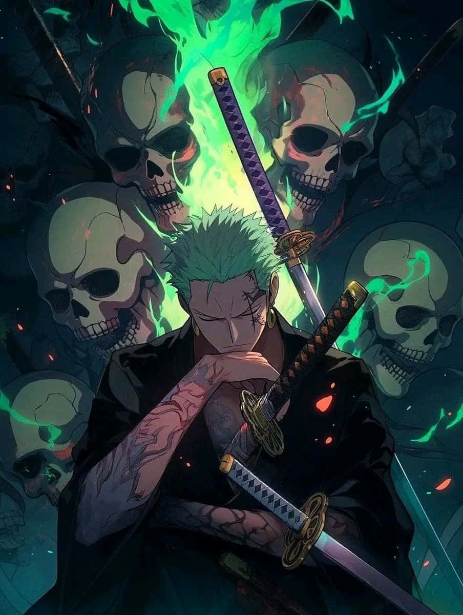 Zoro_ Amidst_ Glowing_ Skulls Wallpaper