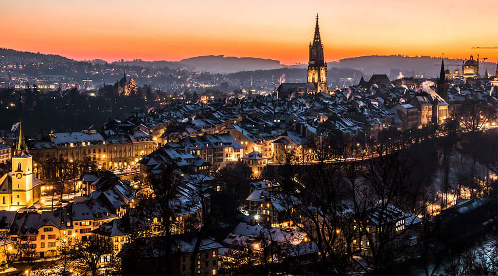 Zug Switzerland Twilight Panorama Wallpaper