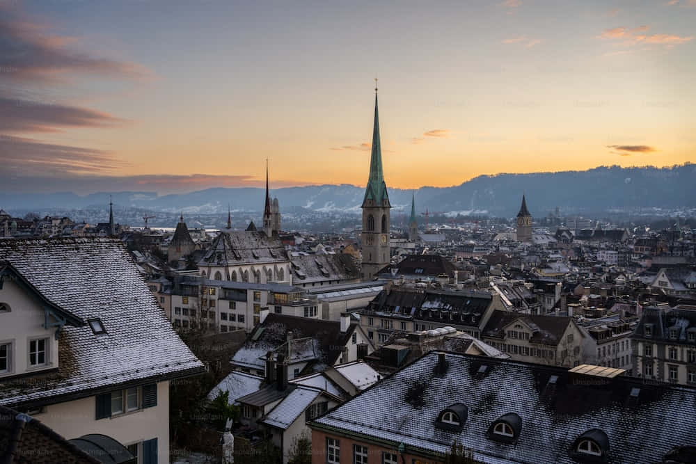 Zurich Winter Sunset Skyline Wallpaper