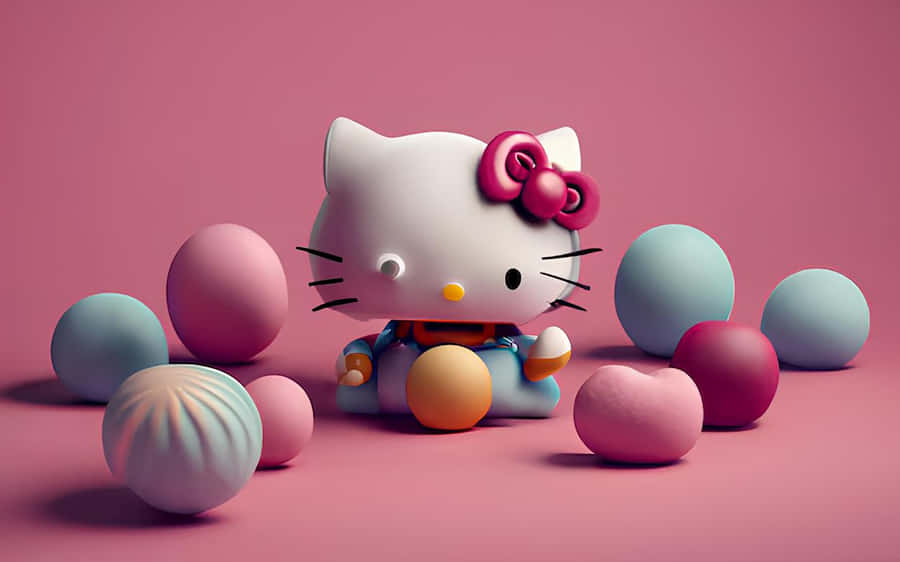3 D Hello Kittywith Colorful Balls Wallpaper