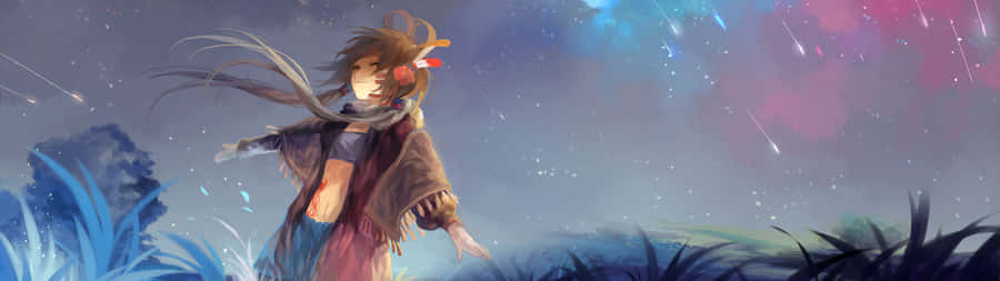 3840x1080 Anime Girl Meteors Falling Wallpaper