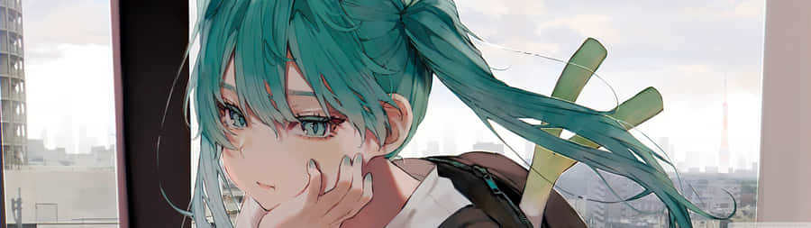 3840x1080 Anime Green Hair Hands On Face Wallpaper
