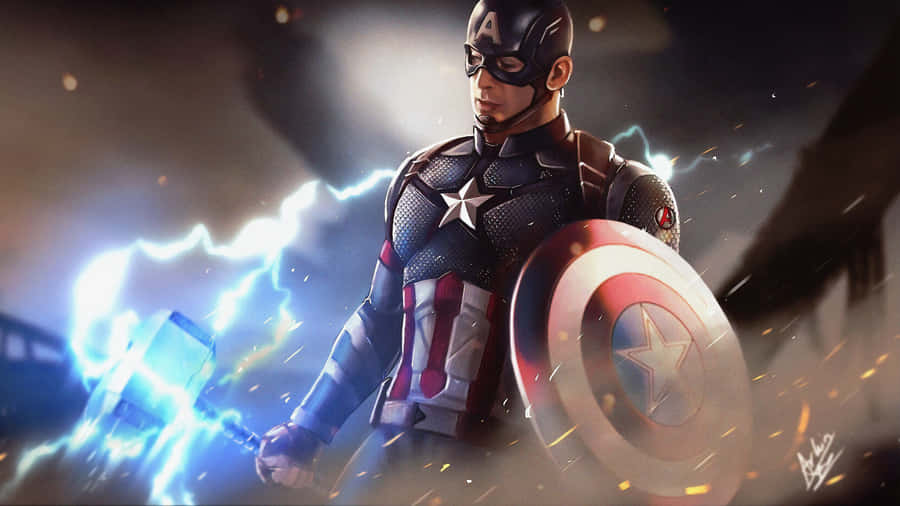 4k Captain America Holding A Lightning Mjölnir Wallpaper