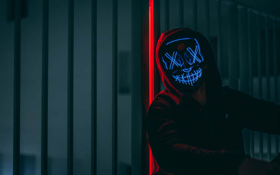4k Mask Anonymous Blue Neon Lights On Hood Wallpaper