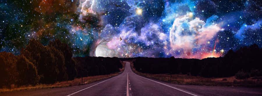 A Beautiful Scenery Of A Road Towards The Sunset Wallpaper