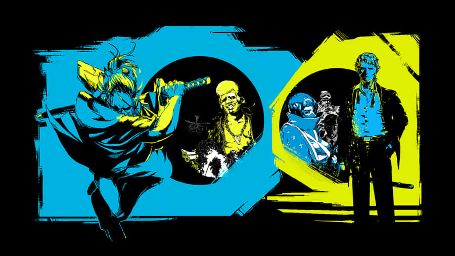 A Black And Yellow Poster With A Group Of People Wallpaper