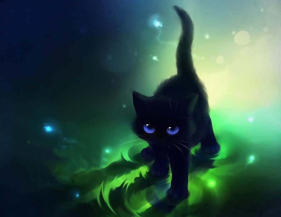 A Black Cat With Blue Eyes Walking On A Green Background Wallpaper