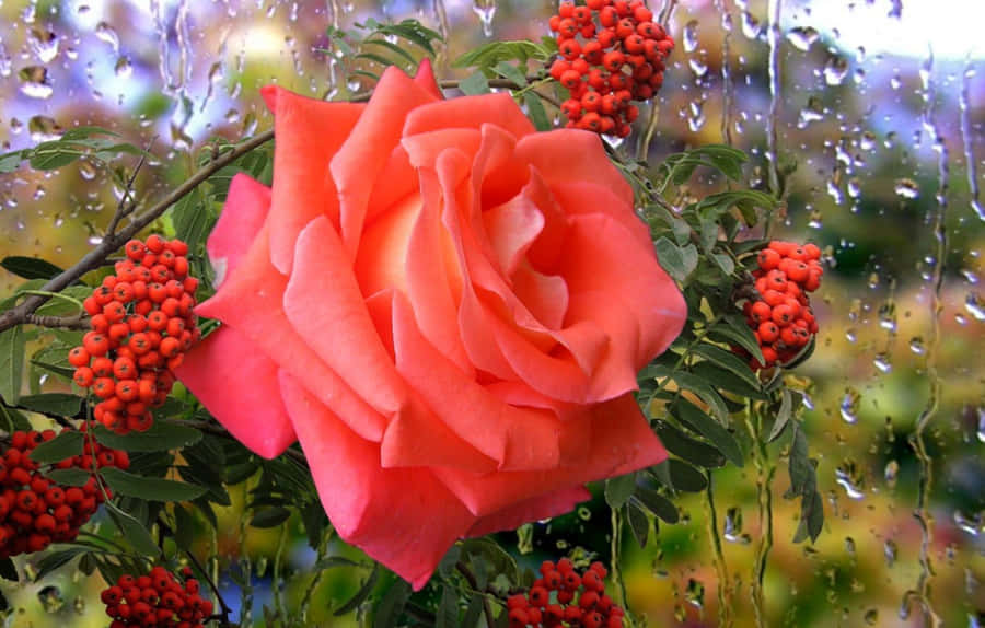 A Blooming Rose Gracefully Embraces The Falling Rain Wallpaper