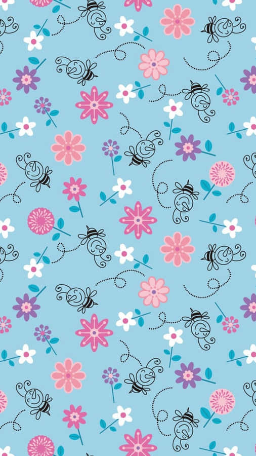 A Blue And Pink Floral Pattern With Butterflies And Flowers Wallpaper