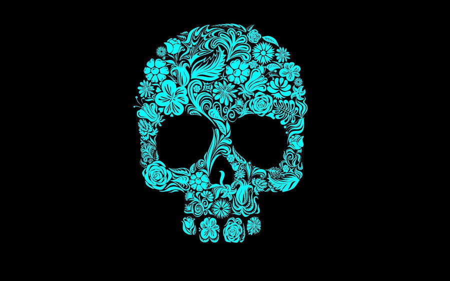 A Blue Skull With Floral Designs On A Black Background Wallpaper