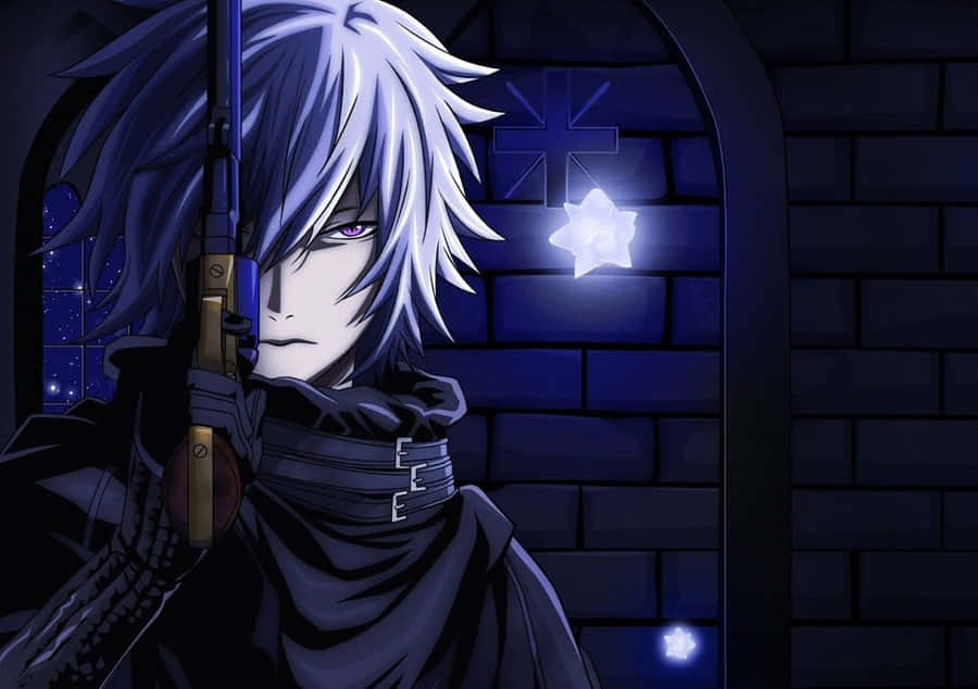 A Bold Anime Boy With A Black Top And Denim Shorts Looks Into The Camera With Determination. Wallpaper