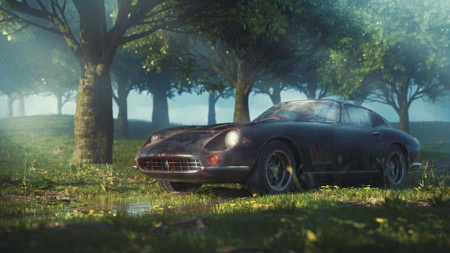 A Car Is Parked In The Grass Near Trees Wallpaper