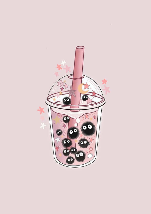 A Cheerful Cup Of Cute Boba Tea, Surrounded By Pink Sparkling Stars. Wallpaper