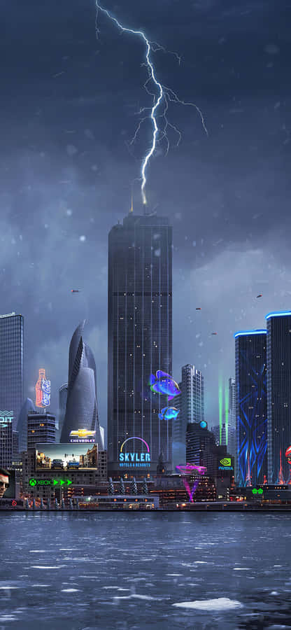 A City With A Lightning Bolt Wallpaper