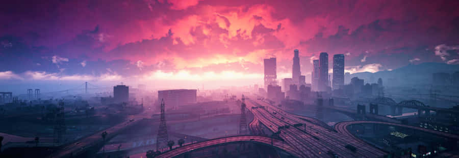 A City With A Purple Sky And A Cityscape Wallpaper