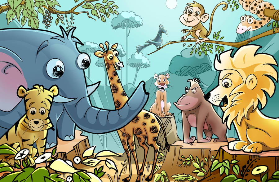 A Collection Of Animated Jungle Animals Ready To Explore Wallpaper