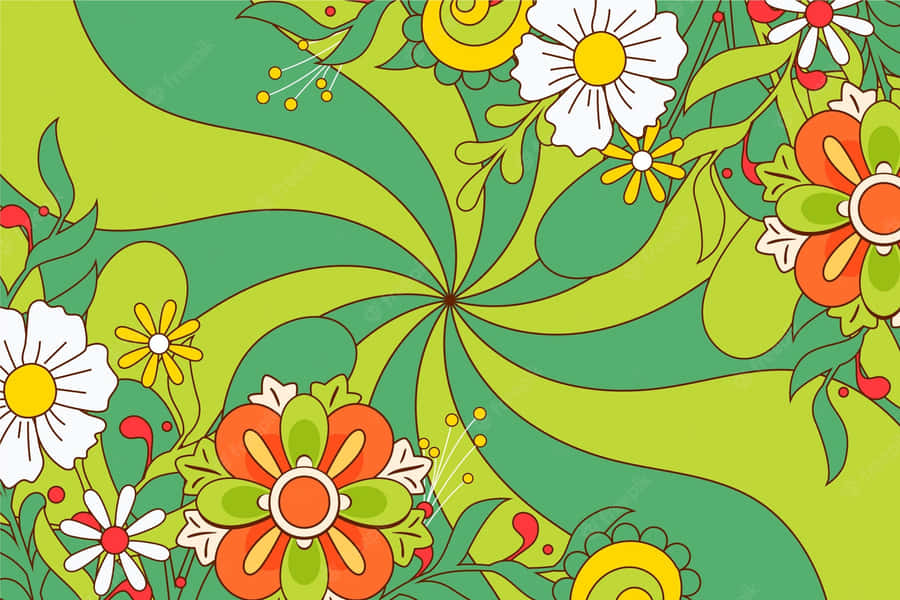 A Colorful Floral Pattern With Green Leaves And Flowers Wallpaper