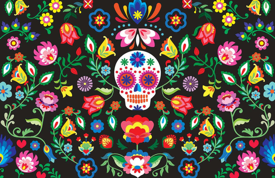 A Colorful Sugar Skull With Flowers On A Black Background Wallpaper