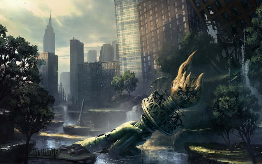 A Dark And Haunting Dystopian Cityscape Wallpaper