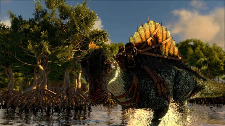 A Dinosaur Is Walking Through The Water Wallpaper