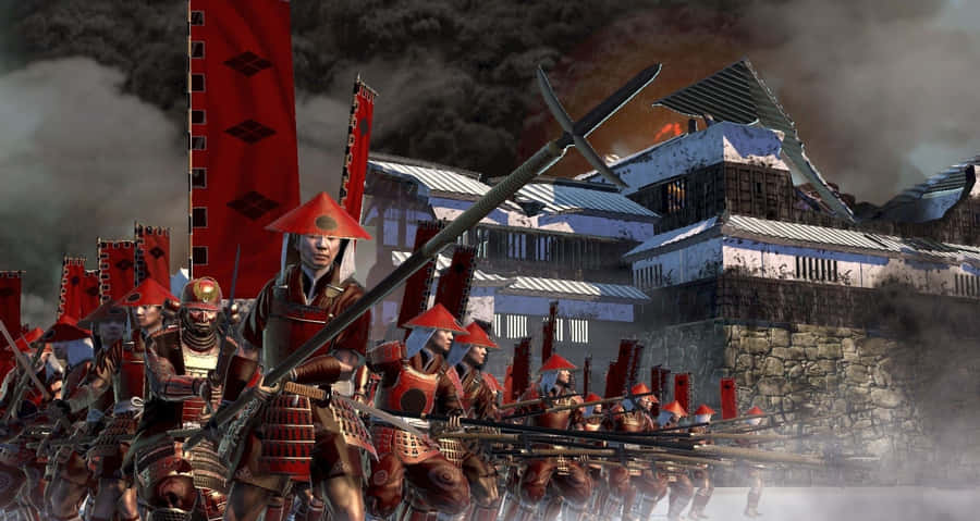 A Dramatic Shogun Dressed For Battle In Traditional Japanese Armor Wallpaper