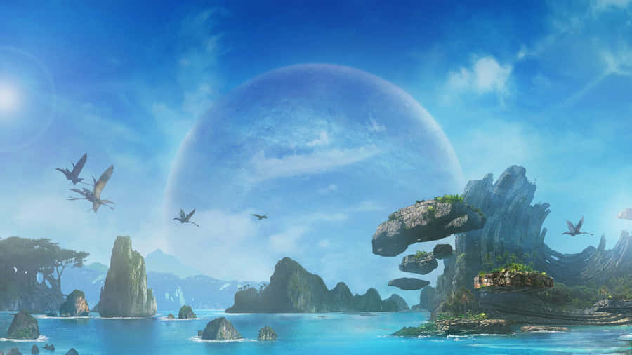 A Fantasy Scene With A Large Island And Birds Flying Around Wallpaper