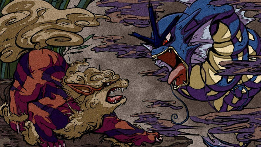 A Fierce Gyarados Swims Alongside An Arcanine Wallpaper