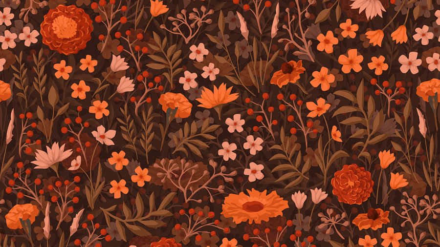 A Floral Pattern With Orange Flowers And Brown Leaves Wallpaper