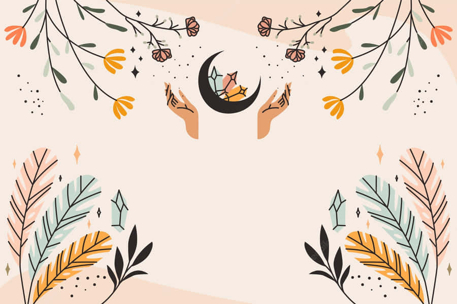 A Frame With A Moon And Flowers Wallpaper