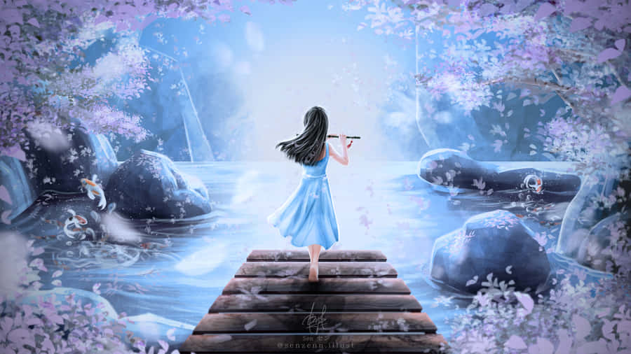 A Girl Is Walking On A Bridge Over A Lake Wallpaper