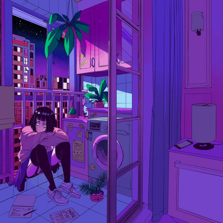 A Girl Sitting In A Room With A Purple Wall Wallpaper