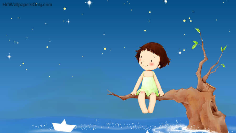 A Girl Sitting On A Tree Branch With A Paper Boat Wallpaper