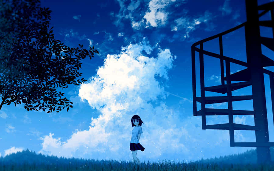 A Girl Standing In A Field With A Tree And A Ladder Wallpaper