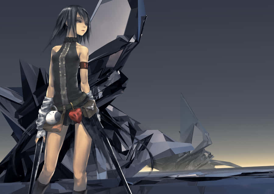 A Girl With A Sword Standing In Front Of A Rock Wallpaper
