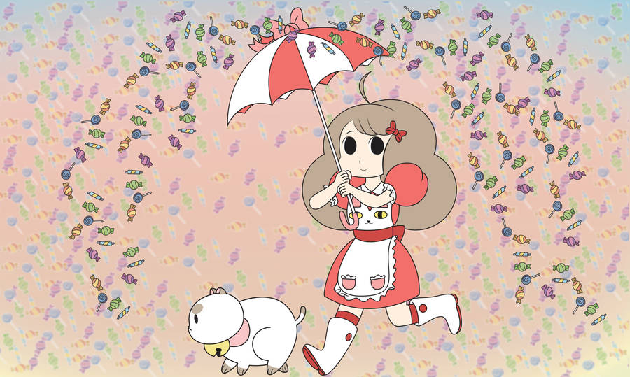 A Girl With An Umbrella And A White Dog Wallpaper