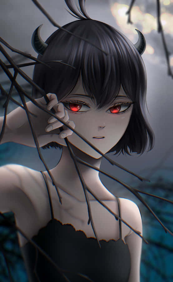 A Girl With Red Eyes And Horns Is Standing In A Tree Wallpaper