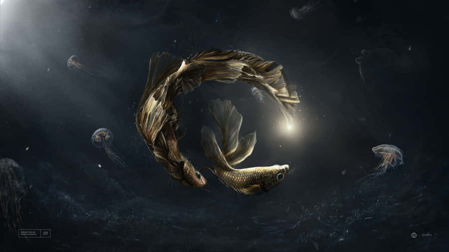 A Gold Fish In The Water With A Starfish Wallpaper